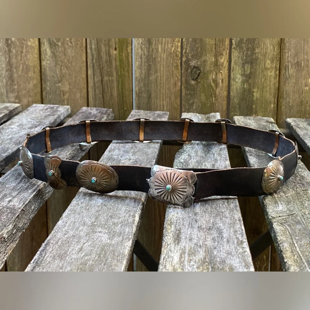 🌹Stunning Vtg Navajo 13 pc Sterling Silver & Turquoise Concho Leather Belt~MINT - Picture 2 of 16